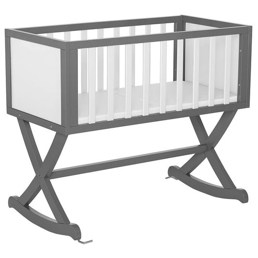 Solid Wood Rocking Baby Glider Cradle with Crib Mattress in Grey White